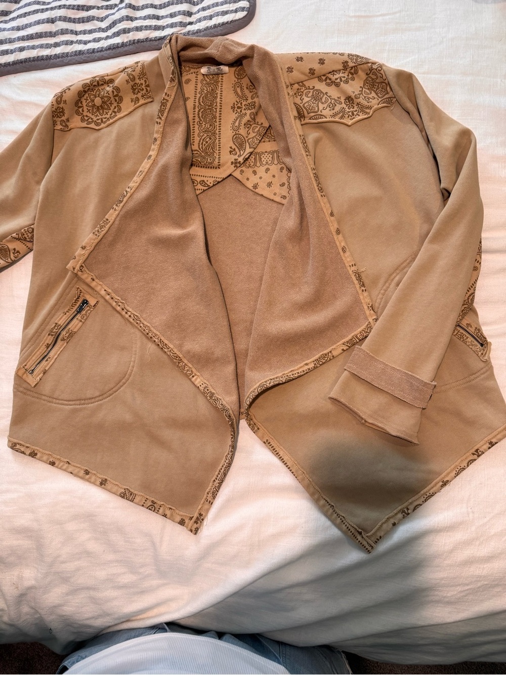 Miss Me Tan Bandana-Trim Open Front Jacket with Paisley Accents